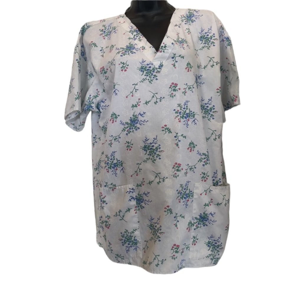 Women's White Floral Scrub Top Size Large